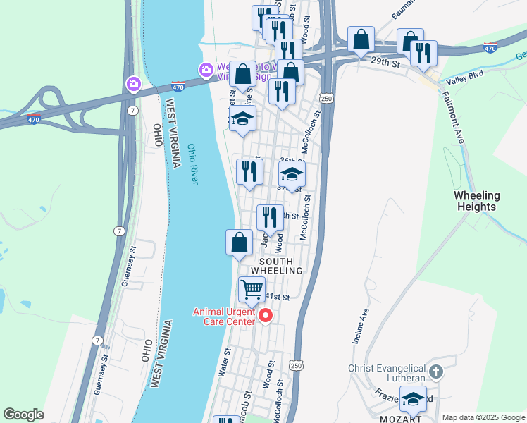 map of restaurants, bars, coffee shops, grocery stores, and more near 3749 Jacob Street in Wheeling
