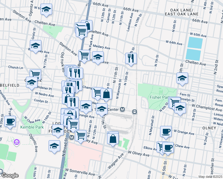 map of restaurants, bars, coffee shops, grocery stores, and more near 6006 North 11th Street in Philadelphia