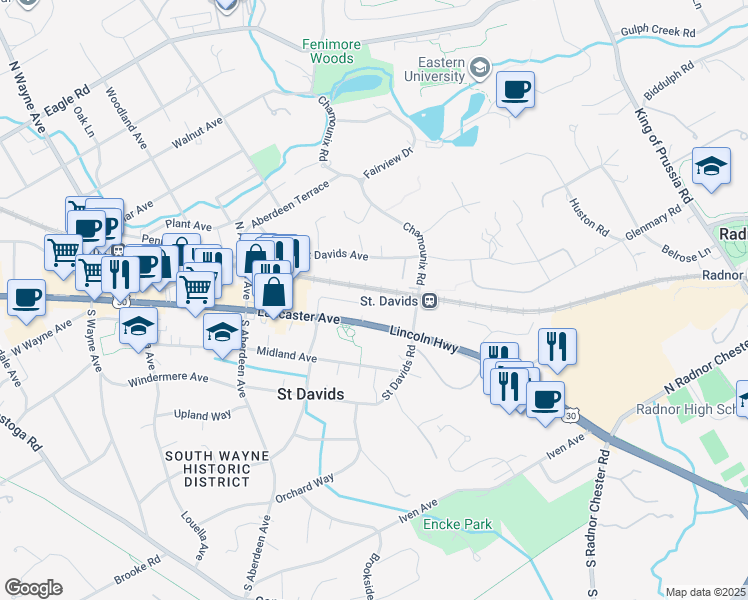 map of restaurants, bars, coffee shops, grocery stores, and more near 334 Iron Works Way in Wayne