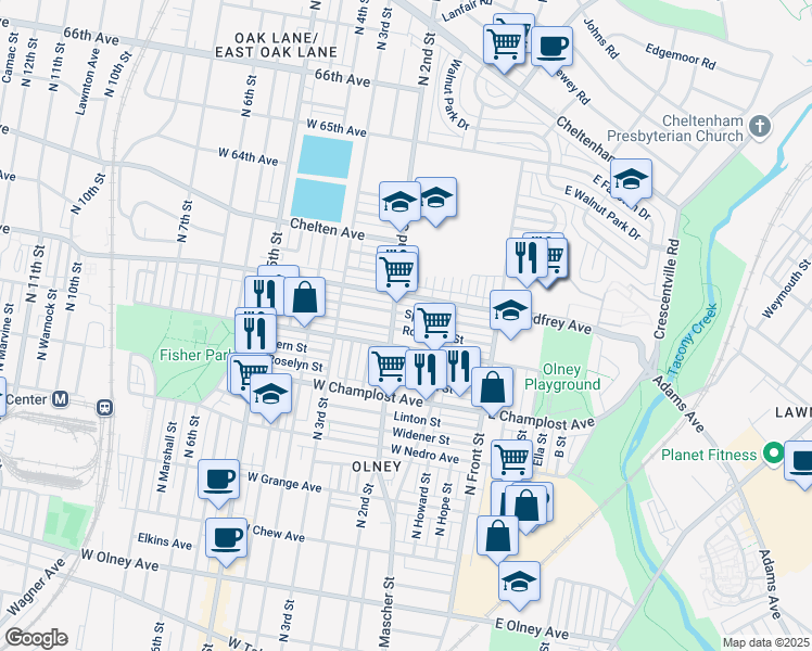 map of restaurants, bars, coffee shops, grocery stores, and more near 185 Rosemar Street in Philadelphia