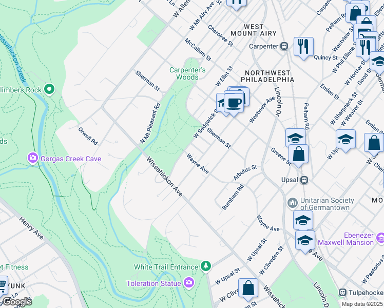 map of restaurants, bars, coffee shops, grocery stores, and more near 6909 Wayne Avenue in Philadelphia