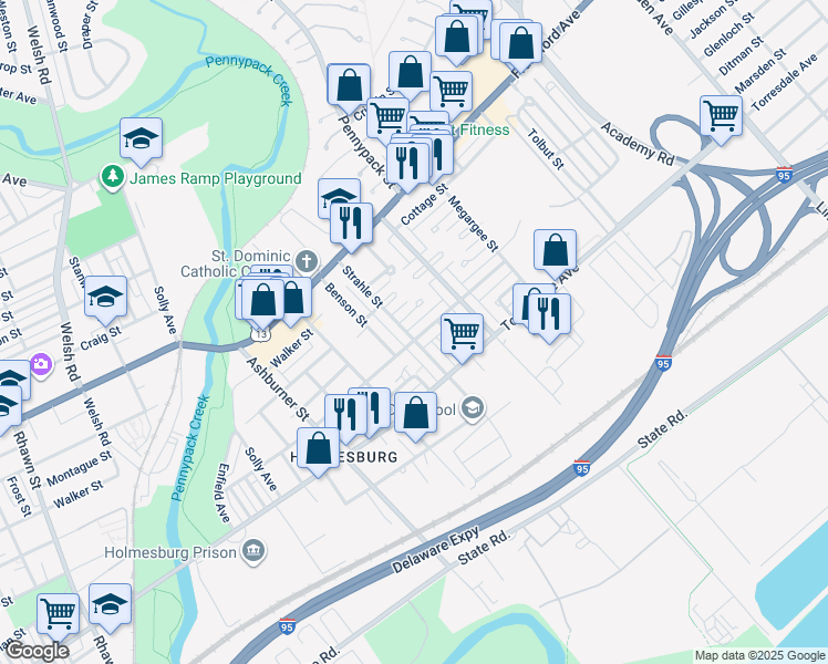 map of restaurants, bars, coffee shops, grocery stores, and more near 8602 Ditman Street in Philadelphia