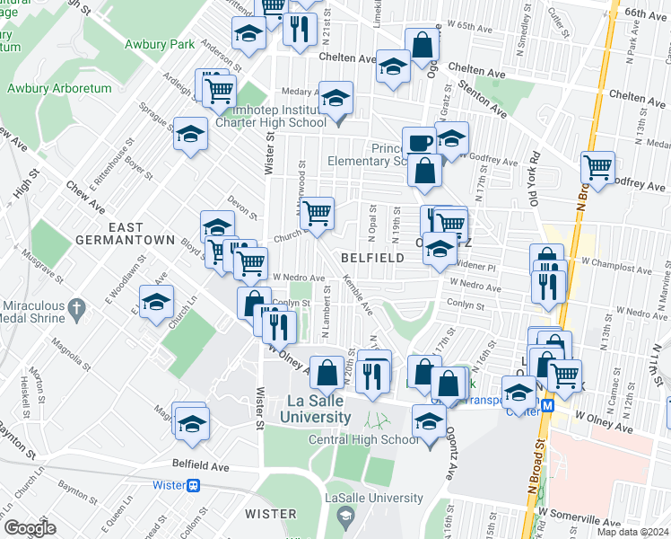 map of restaurants, bars, coffee shops, grocery stores, and more near 5916 Kemble Avenue in Philadelphia