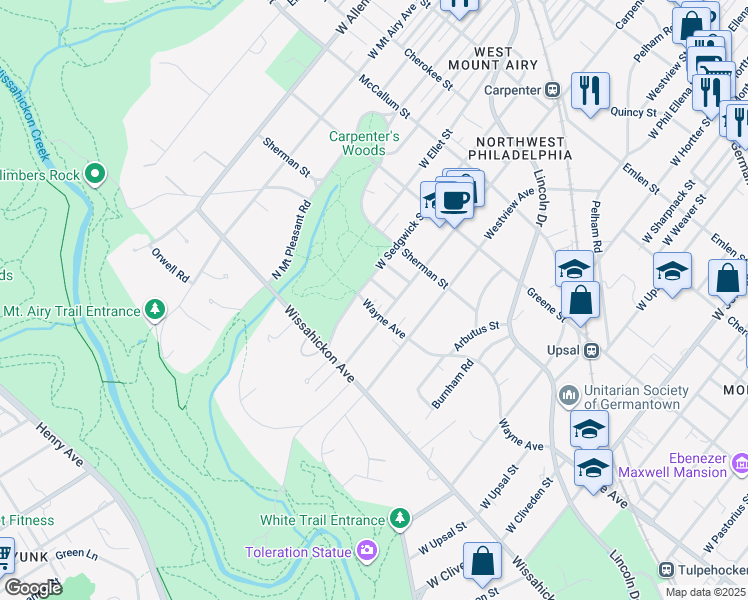 map of restaurants, bars, coffee shops, grocery stores, and more near 6909 Wayne Avenue in Philadelphia