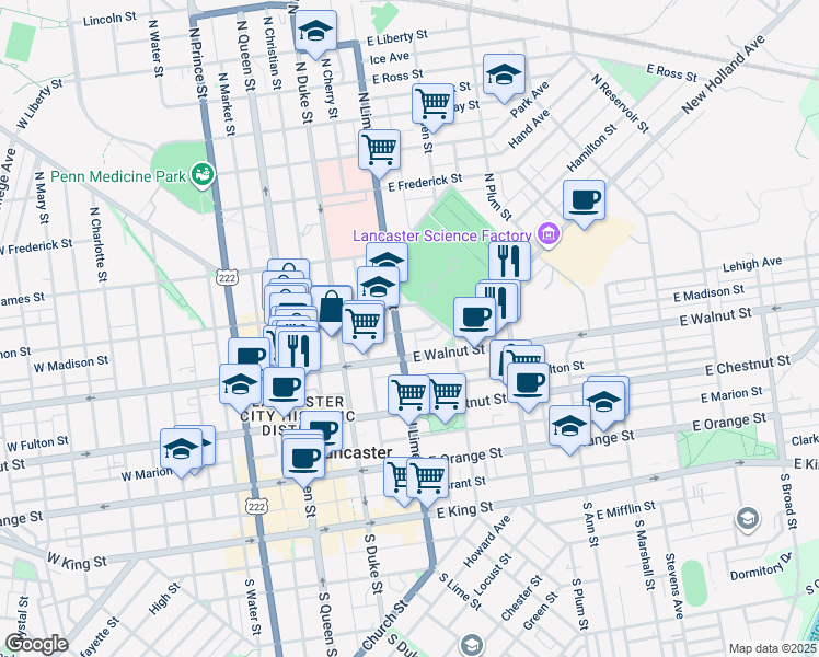 map of restaurants, bars, coffee shops, grocery stores, and more near 213 East Madison Street in Lancaster