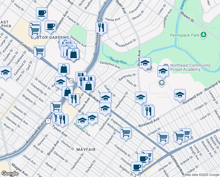 map of restaurants, bars, coffee shops, grocery stores, and more near 2925 Guilford Street in Philadelphia