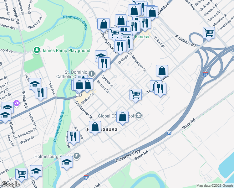 map of restaurants, bars, coffee shops, grocery stores, and more near 4532 Strahle Street in Philadelphia