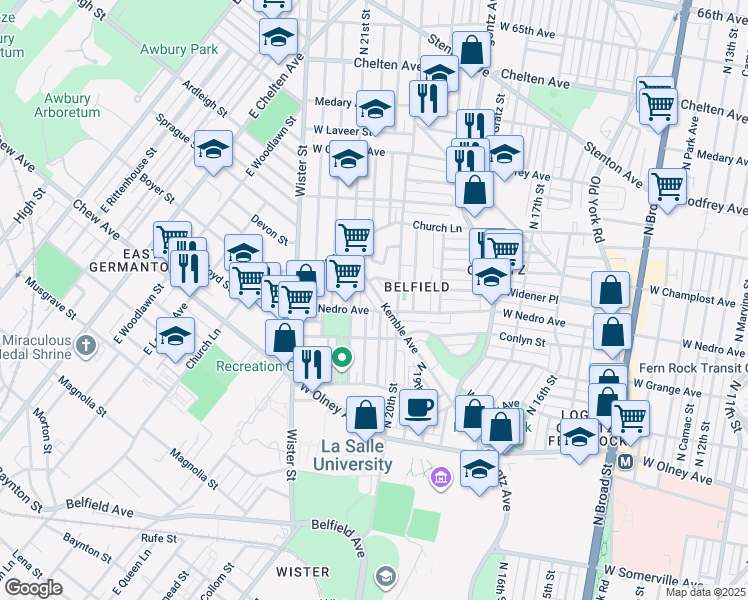 map of restaurants, bars, coffee shops, grocery stores, and more near 5916 Kemble Avenue in Philadelphia