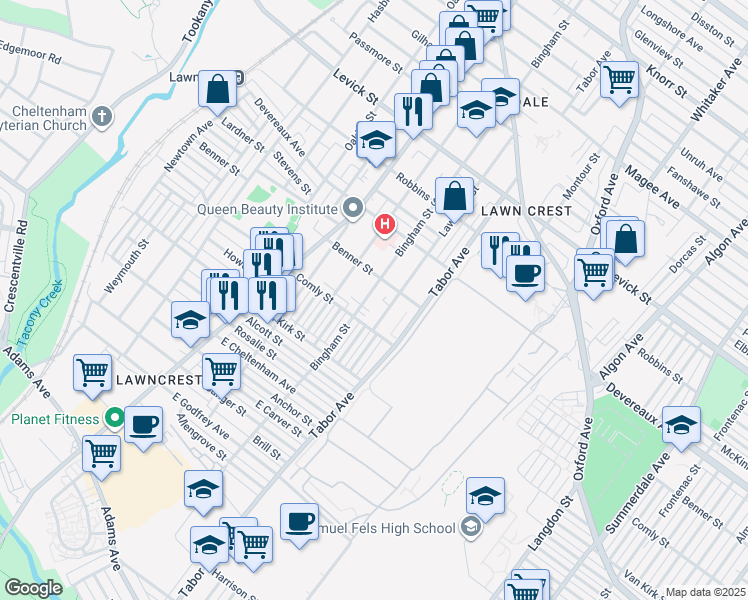 map of restaurants, bars, coffee shops, grocery stores, and more near 6019 Bingham Street in Philadelphia