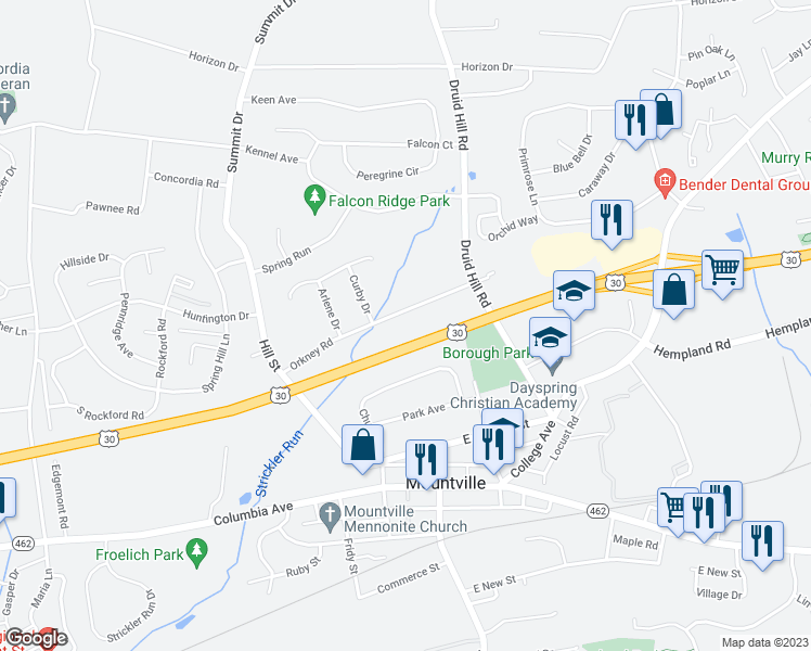 map of restaurants, bars, coffee shops, grocery stores, and more near 3616 Orkney Road in Mountville