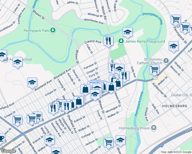 map of restaurants, bars, coffee shops, grocery stores, and more near 8040 Leon Street in Philadelphia