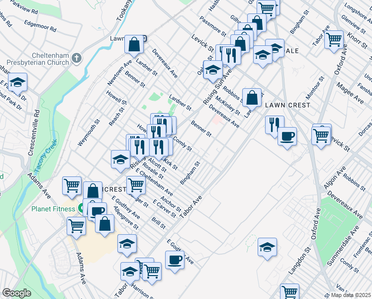 map of restaurants, bars, coffee shops, grocery stores, and more near 5964 Elsinore Street in Philadelphia