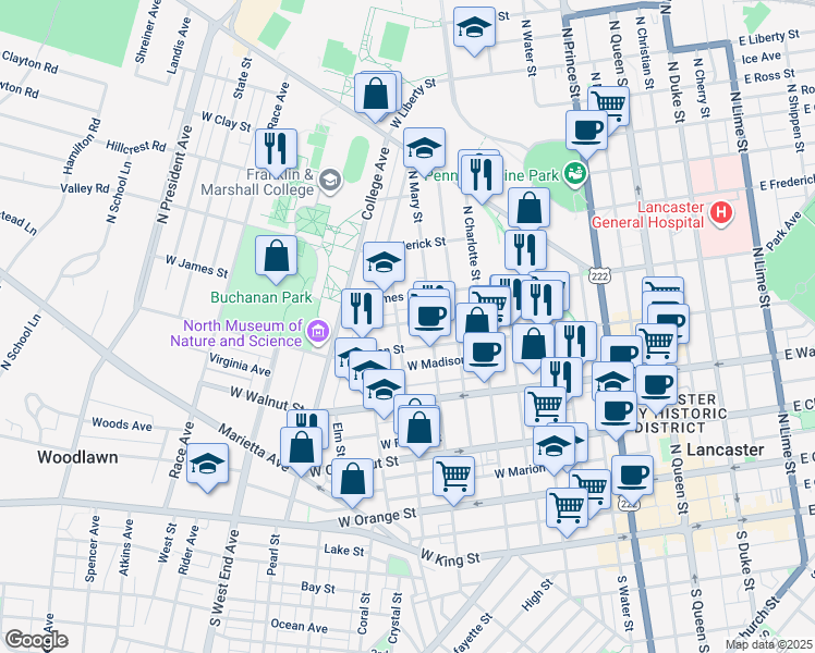 map of restaurants, bars, coffee shops, grocery stores, and more near 528 Spruce Street in Lancaster