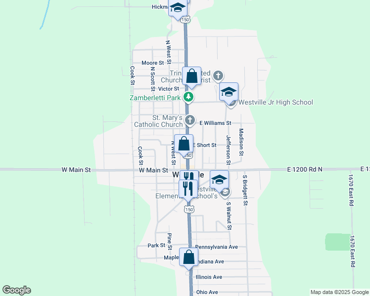 map of restaurants, bars, coffee shops, grocery stores, and more near 148 North State Street in Westville