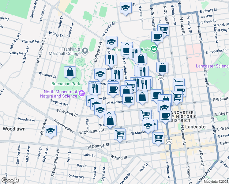 map of restaurants, bars, coffee shops, grocery stores, and more near 419 North Mary Street in Lancaster