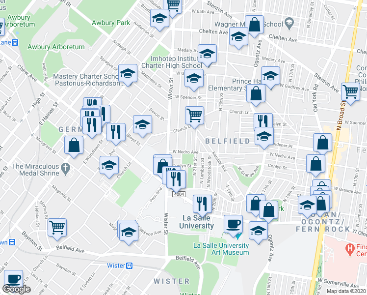 map of restaurants, bars, coffee shops, grocery stores, and more near 5926 North Norwood Street in Philadelphia