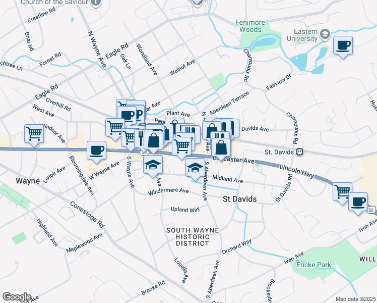 map of restaurants, bars, coffee shops, grocery stores, and more near 189 Lancaster Avenue in Devon