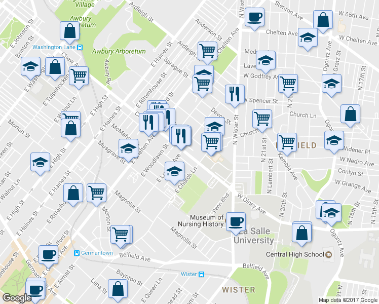 map of restaurants, bars, coffee shops, grocery stores, and more near 5533 Chew Avenue in Philadelphia