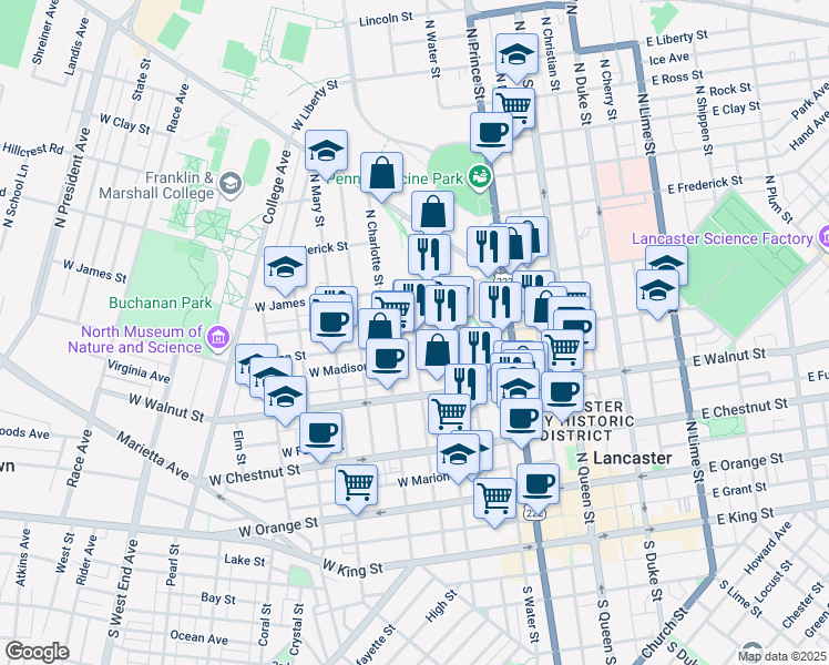 map of restaurants, bars, coffee shops, grocery stores, and more near 407 North Concord Street in Lancaster