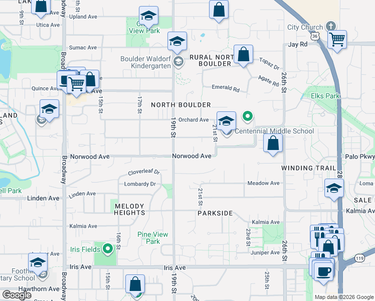 map of restaurants, bars, coffee shops, grocery stores, and more near 1975 Norwood Avenue in Boulder