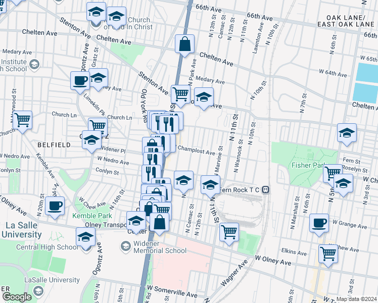 map of restaurants, bars, coffee shops, grocery stores, and more near 5950 North 13th Street in Philadelphia