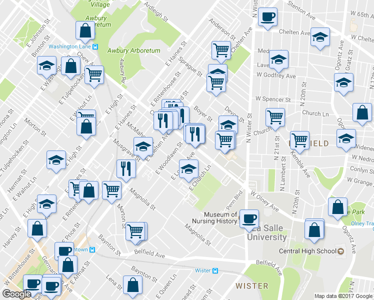 map of restaurants, bars, coffee shops, grocery stores, and more near 748 E Gray St in Philadelphia
