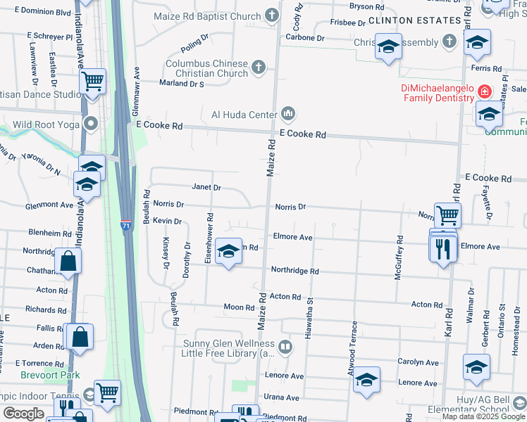map of restaurants, bars, coffee shops, grocery stores, and more near 3849 Maize Road in Columbus