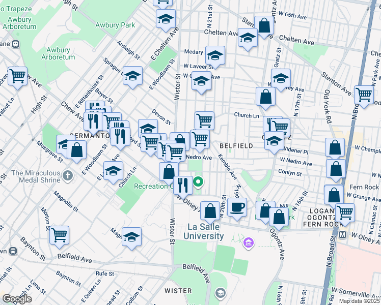map of restaurants, bars, coffee shops, grocery stores, and more near 5926 North Norwood Street in Philadelphia