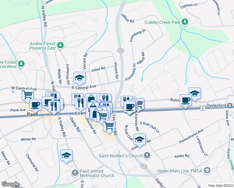map of restaurants, bars, coffee shops, grocery stores, and more near 506 Paoli Pointe Drive in Paoli