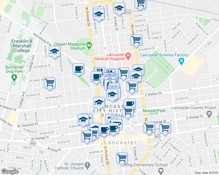map of restaurants, bars, coffee shops, grocery stores, and more near 356 North Queen Street in Lancaster