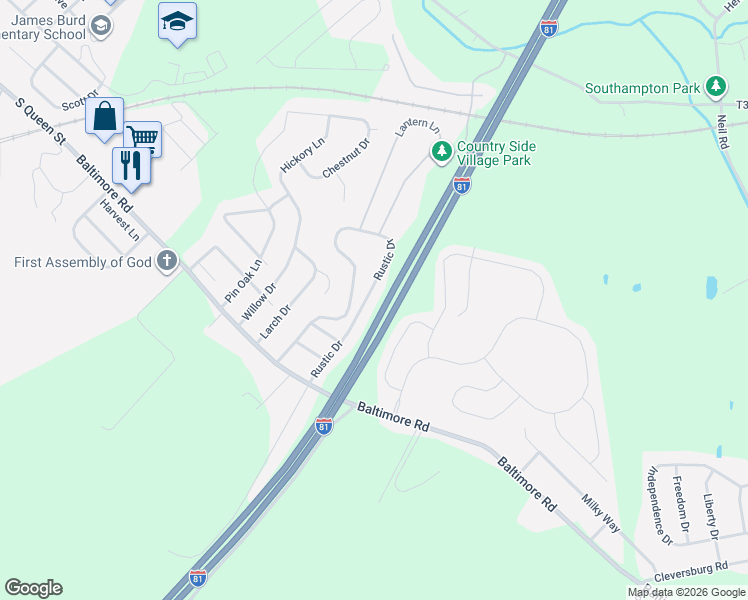 map of restaurants, bars, coffee shops, grocery stores, and more near 188 Rustic Drive in Shippensburg