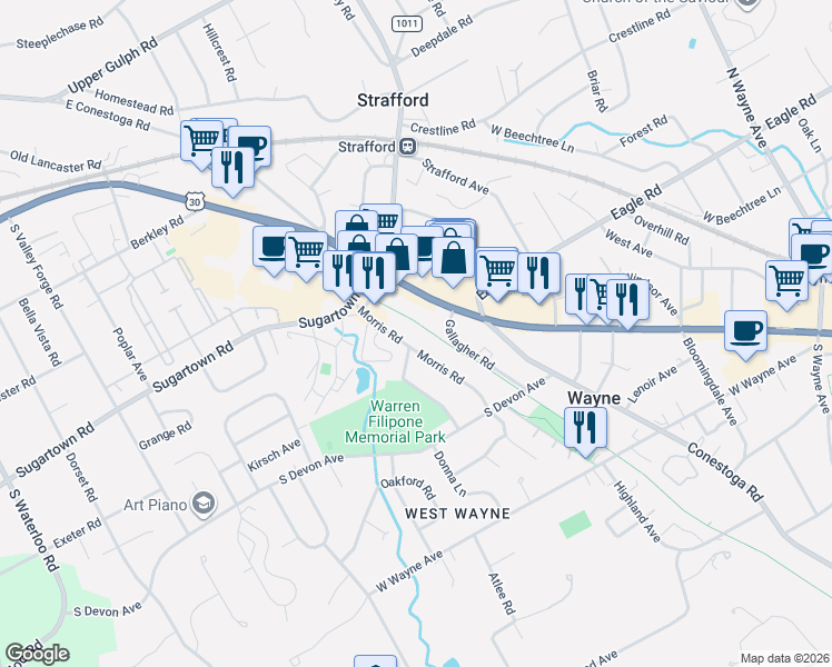 map of restaurants, bars, coffee shops, grocery stores, and more near 414 Morris Road in Wayne