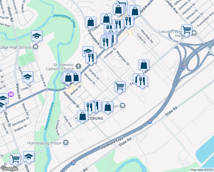map of restaurants, bars, coffee shops, grocery stores, and more near 8602 Ditman Street in Philadelphia
