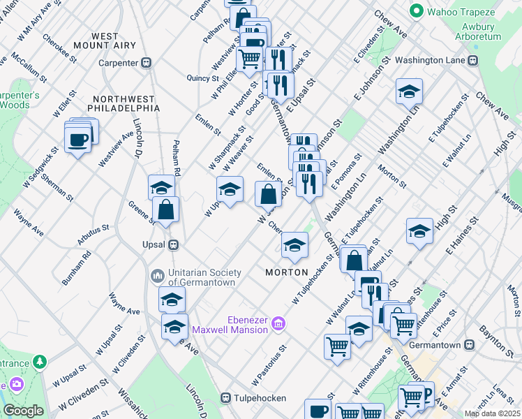 map of restaurants, bars, coffee shops, grocery stores, and more near 77 West Johnson Street in Philadelphia