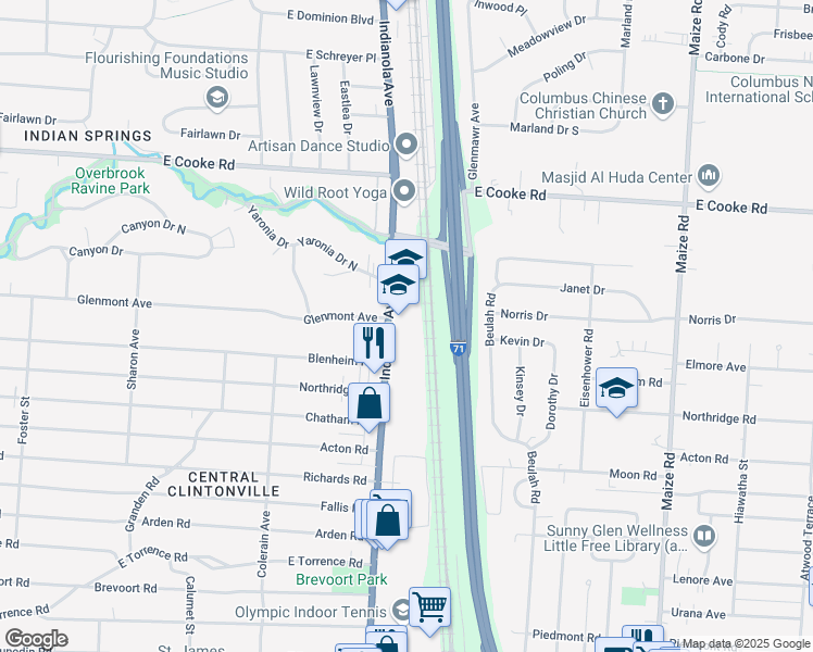map of restaurants, bars, coffee shops, grocery stores, and more near 3916 Indianola Avenue in Columbus