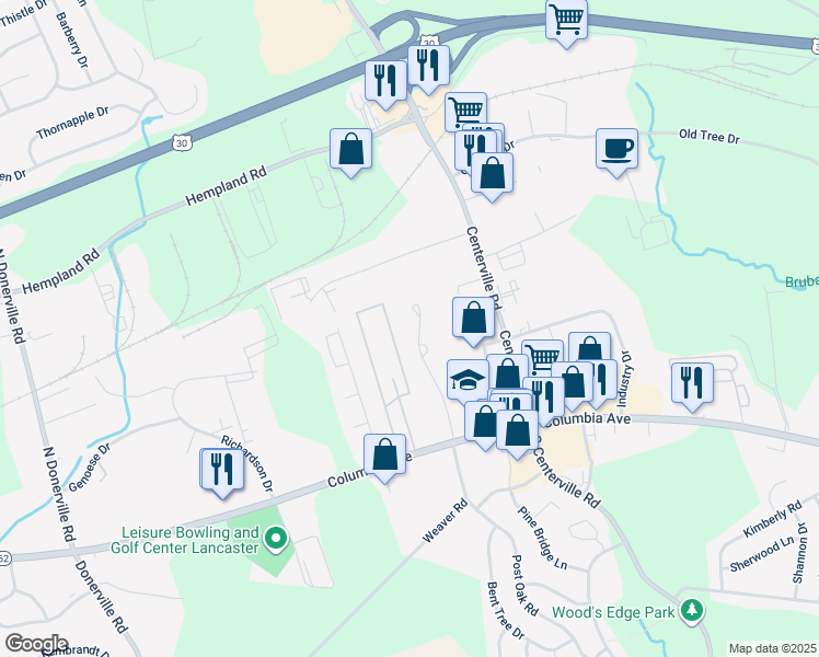 map of restaurants, bars, coffee shops, grocery stores, and more near 104 Urban Dr in Lancaster
