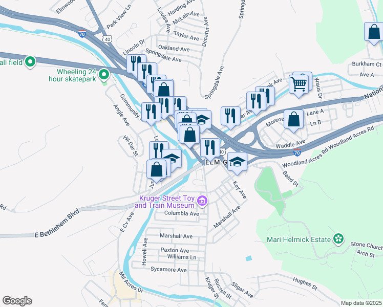 map of restaurants, bars, coffee shops, grocery stores, and more near 2214 National Road in Wheeling