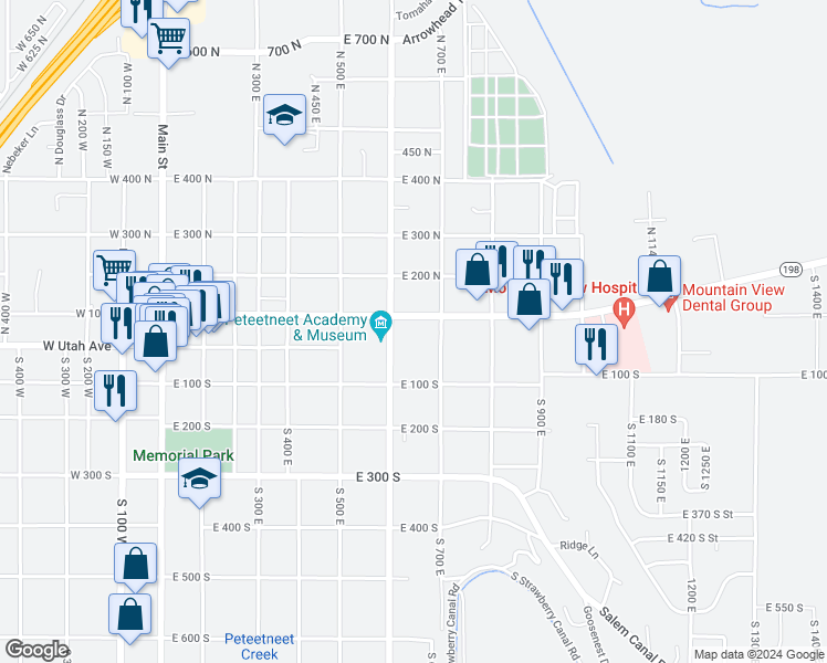 map of restaurants, bars, coffee shops, grocery stores, and more near 650 East 100 North in Payson