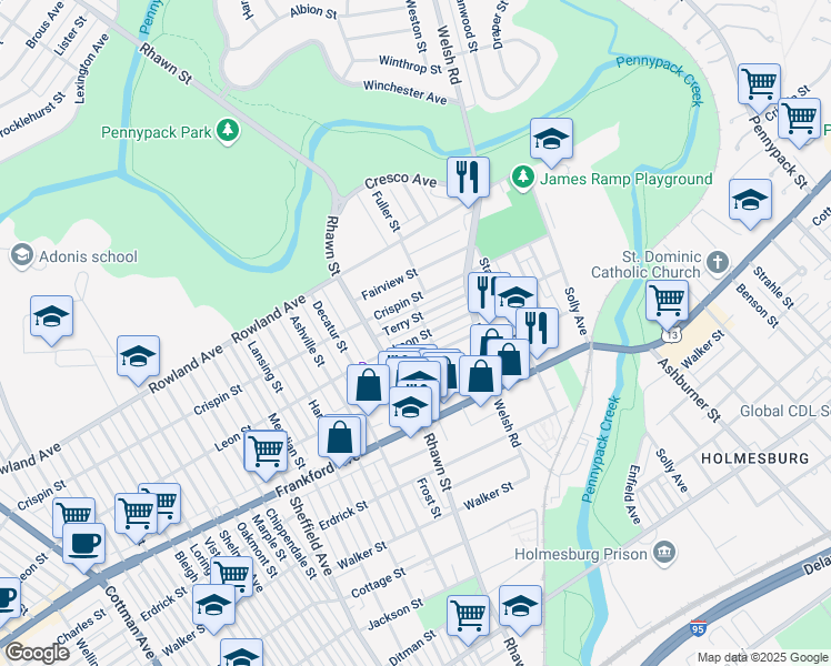 map of restaurants, bars, coffee shops, grocery stores, and more near 8042 Leon Street in Philadelphia