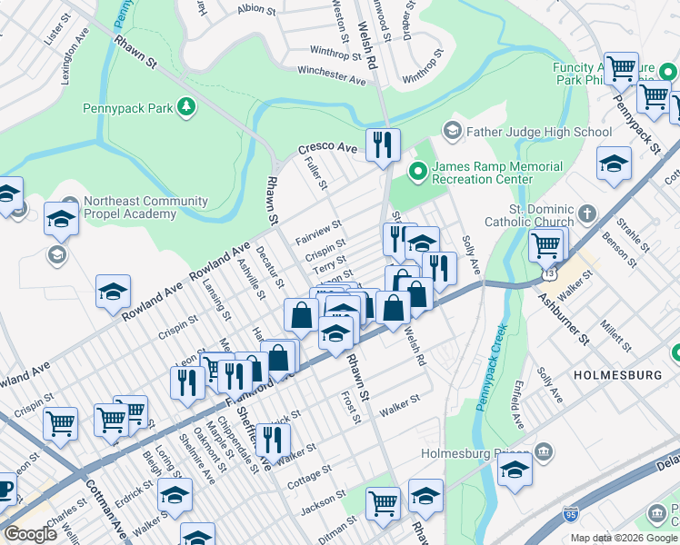 map of restaurants, bars, coffee shops, grocery stores, and more near 8042 Leon Street in Philadelphia