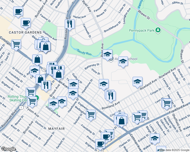 map of restaurants, bars, coffee shops, grocery stores, and more near 3043 Nesper Street in Philadelphia