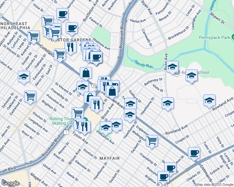 map of restaurants, bars, coffee shops, grocery stores, and more near 7316 Brous Avenue in Philadelphia