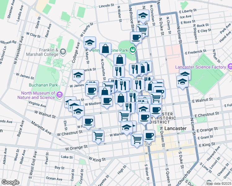 map of restaurants, bars, coffee shops, grocery stores, and more near 407 North Concord Street in Lancaster