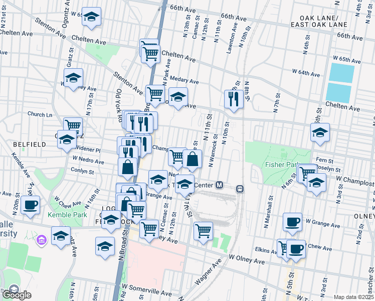 map of restaurants, bars, coffee shops, grocery stores, and more near 6001 North 12th Street in Philadelphia