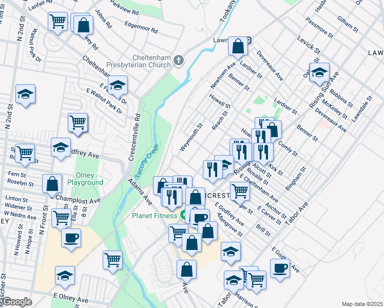 map of restaurants, bars, coffee shops, grocery stores, and more near 5722 Reach Street in Philadelphia