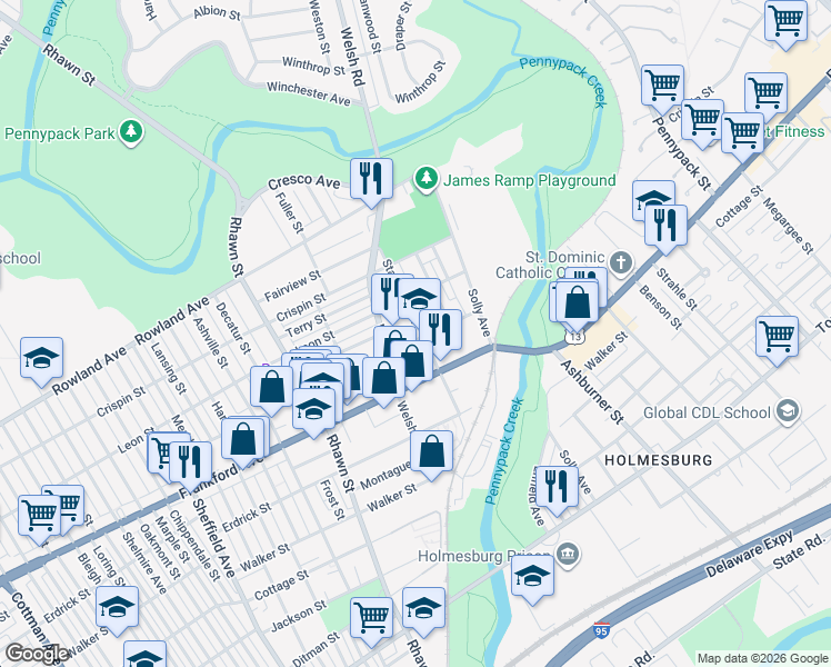 map of restaurants, bars, coffee shops, grocery stores, and more near 3523 Stanwood Street in Philadelphia