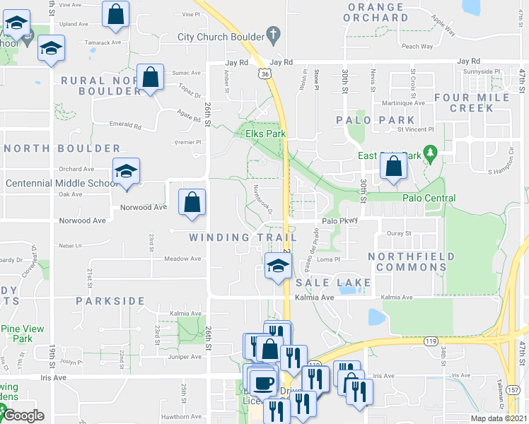 map of restaurants, bars, coffee shops, grocery stores, and more near 3815 Northbrook Drive in Boulder