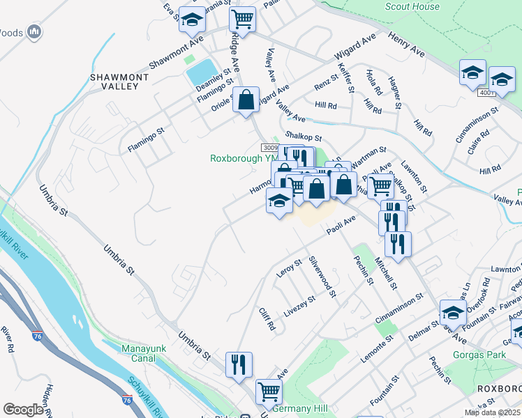 map of restaurants, bars, coffee shops, grocery stores, and more near 450 Domino Lane in Philadelphia