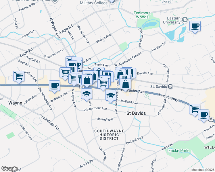 map of restaurants, bars, coffee shops, grocery stores, and more near 189 Lancaster Avenue in Devon