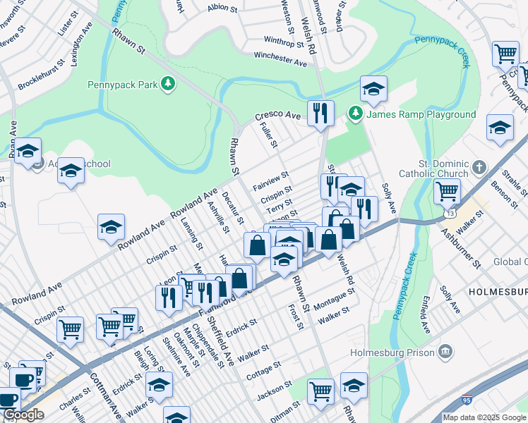 map of restaurants, bars, coffee shops, grocery stores, and more near 3411 Rhawn Street in Philadelphia